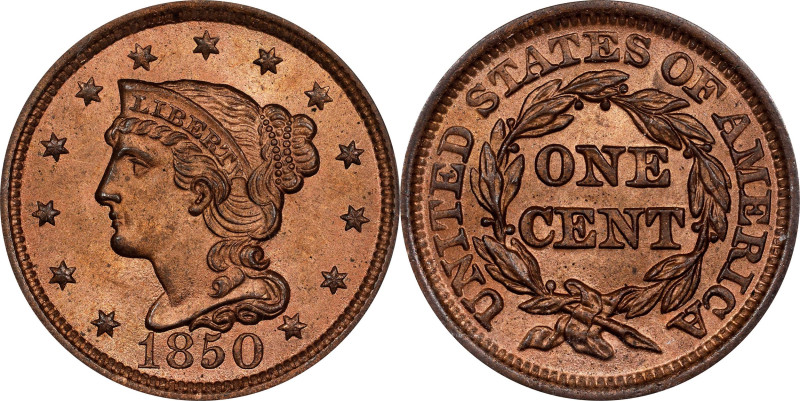 1850 Braided Hair Cent. N-7. Rarity-2. MS-65 RD (PCGS). CAC.
With full, satiny ...