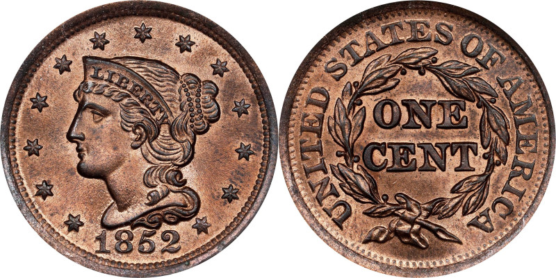 1852 Braided Hair Cent. N-17. Rarity-1. MS-65 RD (PCGS).
A bright, vivid exampl...