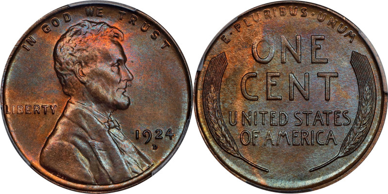 1924-D Lincoln Cent. MS-65 BN (PCGS). CAC.
Iridescent pinkish-rose and steel-bl...