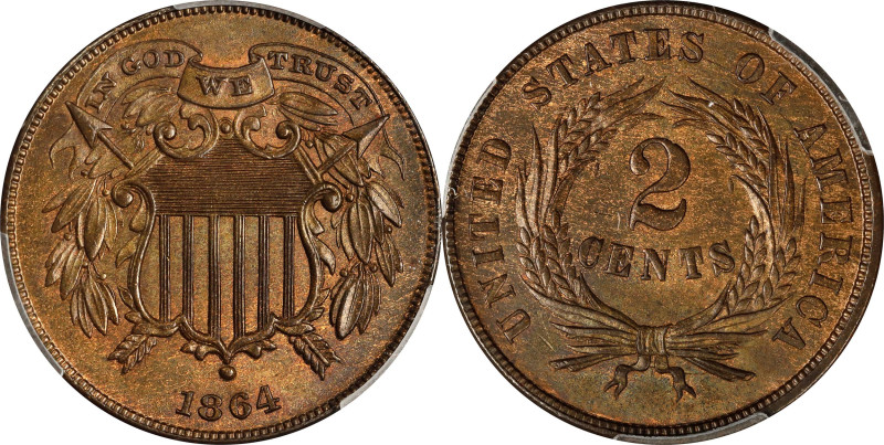 1864 Two-Cent Piece. FS-401. Small Motto. MS-64 BN (PCGS). CAC.
Olive-brown ton...