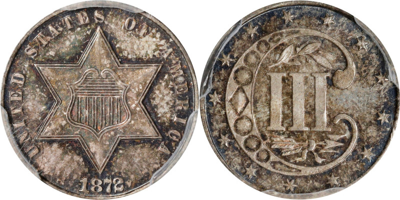 1872 Silver Three-Cent Piece. Proof-65 (PCGS).
Richly and originally toned with...