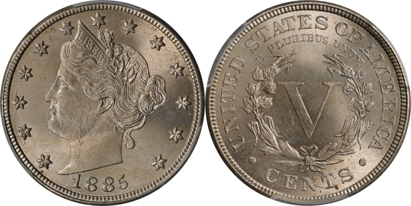 1885 Liberty Head Nickel. MS-66 (PCGS). CAC.
Rare premium Gem quality for this ...