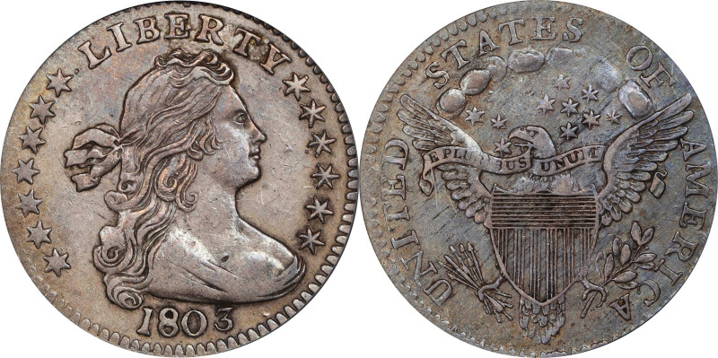 1803 Draped Bust Half Dime. LM-2. Rarity-4. Large 8. AU-55 (PCGS).
A visually a...