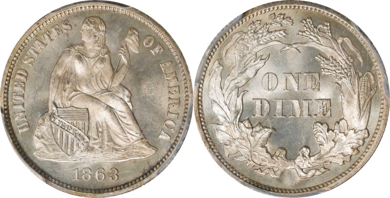 1863 Liberty Seated Dime. Fortin-101a. Rarity-5. MS-66 (PCGS). CAC.
Condition C...