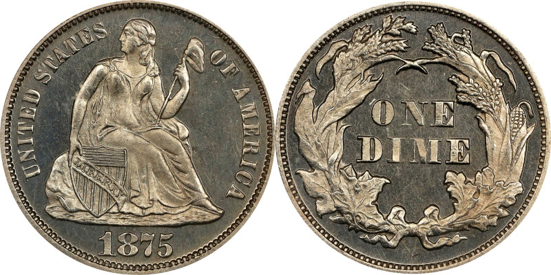 1875 Liberty Seated Dime. Proof-65 Cameo (PCGS).
Essentially brilliant with a h...