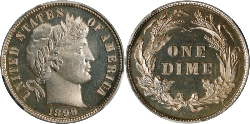 1899 Barber Dime. Proof-65 Cameo (PCGS).
Delicate champagne-silver iridescence ...