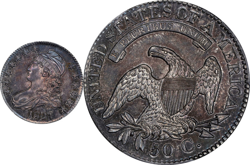 1827 Capped Bust Half Dollar. O-143. Rarity-4. Square Base 2. MS-63 (PCGS).
An ...