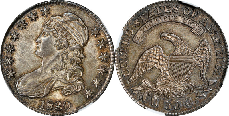 1830 Capped Bust Half Dollar. O-108. Rarity-3. Small 0. MS-63 (NGC).
Outwardly ...