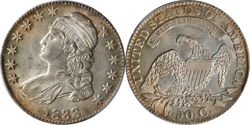 1833 Capped Bust Half Dollar. O-109. Rarity-1. MS-63 (PCGS).
With abundant sati...