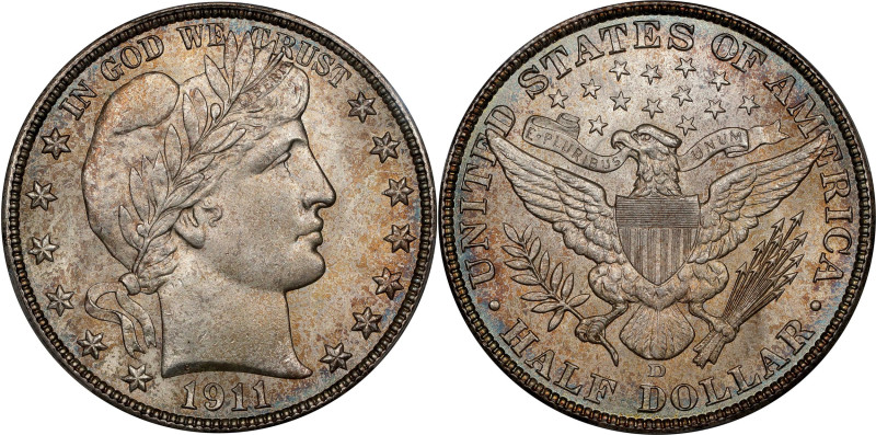 1911-D Barber Half Dollar. MS-66+ (PCGS).
A delightful Gem-quality Barber Half,...