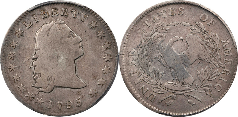 1795 Flowing Hair Silver Dollar. BB-27, B-5. Rarity-1. Three Leaves. Fine-12 (PC...