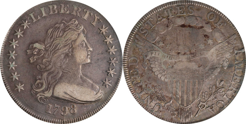 1798 Draped Bust Silver Dollar. Heraldic Eagle. BB-116, B-30a. Rarity-5. Pointed...