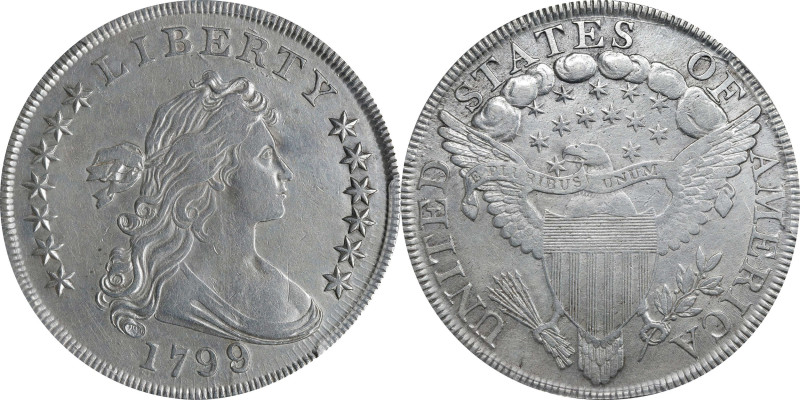 1799/8 Draped Bust Silver Dollar. BB-141, B-3. Rarity-3. 15-Star Reverse. EF Det...