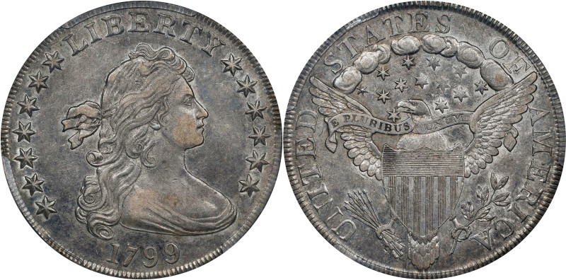 1799 Draped Bust Silver Dollar. BB-160, B-12. Rarity-3. AU-50 (PCGS). CAC.
A lo...