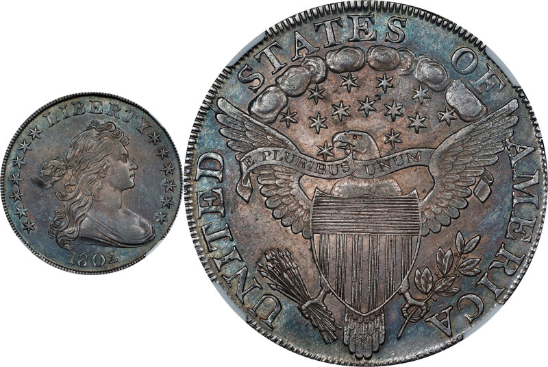 1802 Draped Bust Silver Dollar. BB-241, B-6. Rarity-1. Narrow Date. AU-55 (NGC)....