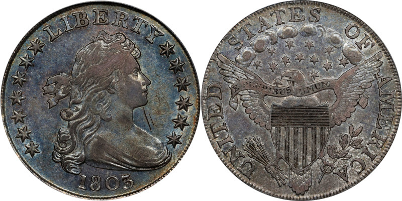 1803 Draped Bust Silver Dollar. BB-255, B-6. Rarity-2. Large 3. EF-45 (PCGS).
W...