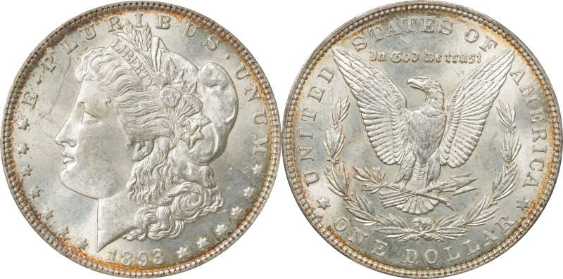 1893 Morgan Silver Dollar. MS-62 (PCGS). CAC.
Iridescent reddish-orange periphe...