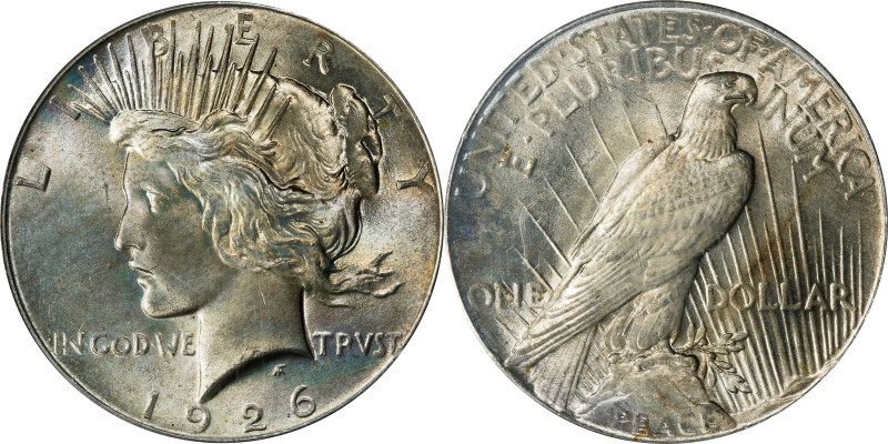 1926 Peace Silver Dollar. MS-66 (PCGS). OGH.
Subtle tan-gold highlights decorat...