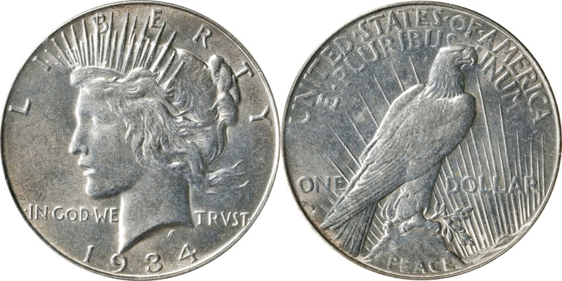 1934-S Peace Silver Dollar. MS-61 (ICG).
As the scarcest Peace silver dollar in...