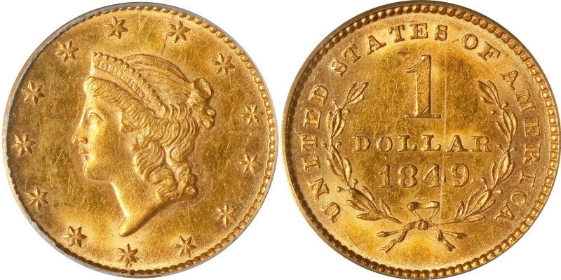 1849 Gold Dollar. Open Wreath, No L, Small Head. MS-62 (PCGS). OGH.
A handsome ...