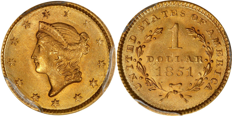 1851 Gold Dollar. MS-66 (PCGS). CAC.
An appealing, conditionally rare example o...