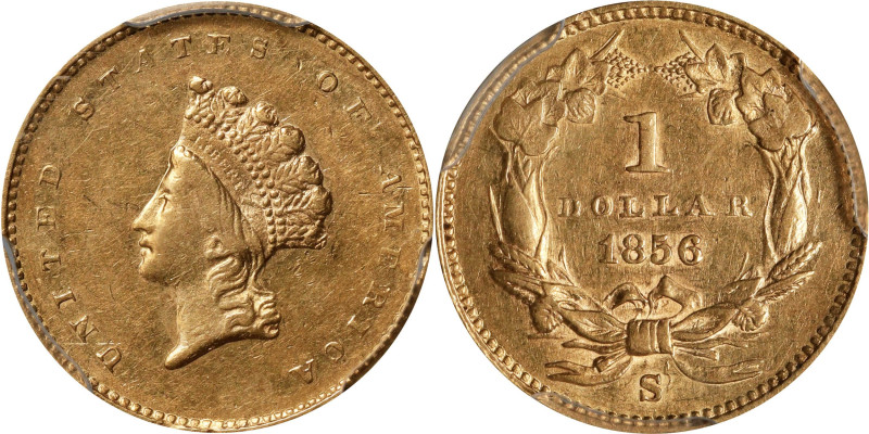 1856-S/S Gold Dollar. Type II. FS-501. Repunched Mintmark. AU-53 (PCGS).
Pale h...