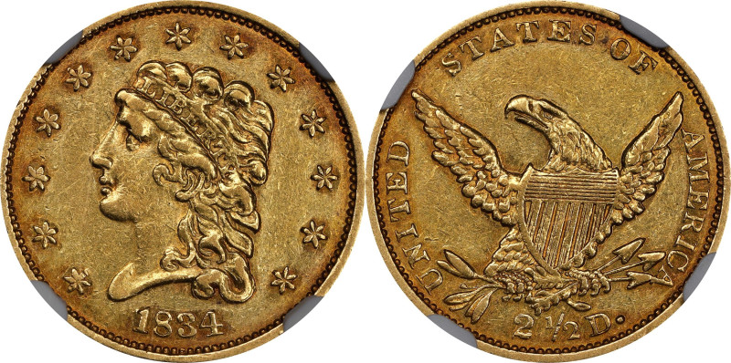 1834 Classic Head Quarter Eagle. HM-1. Rarity-2. Small Head. AU-55 (NGC).
This ...