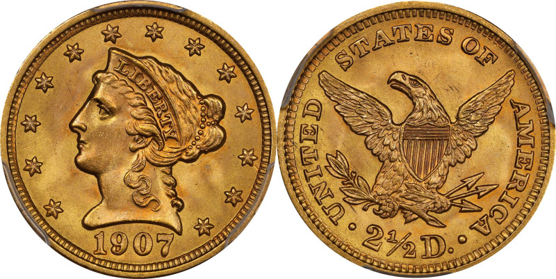 1907 Liberty Head Quarter Eagle. MS-67 (PCGS).
Handsome deep green-gold surface...