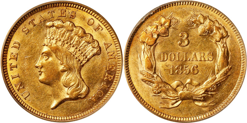 1856 Three-Dollar Gold Piece. AU-58 (PCGS). OGH.
This boldly struck and satin t...