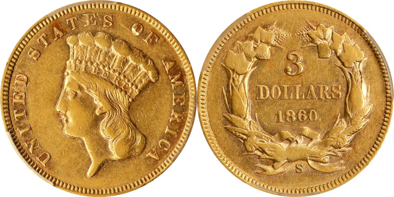 1860-S Three-Dollar Gold Piece. AU-53 (PCGS).
Ample frosty to semi-reflective l...