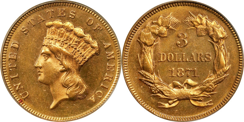 1871 Three-Dollar Gold Piece. MS-61 (PCGS). OGH.
Attractive BU quality for this...