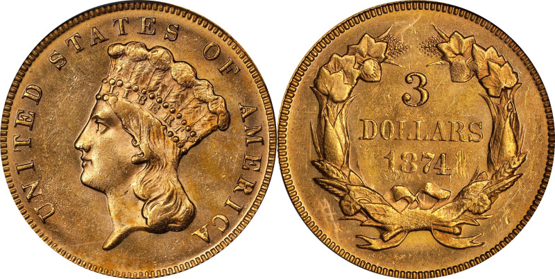 1874 Three-Dollar Gold Piece. MS-63 (PCGS).
A vibrant and attractive example se...