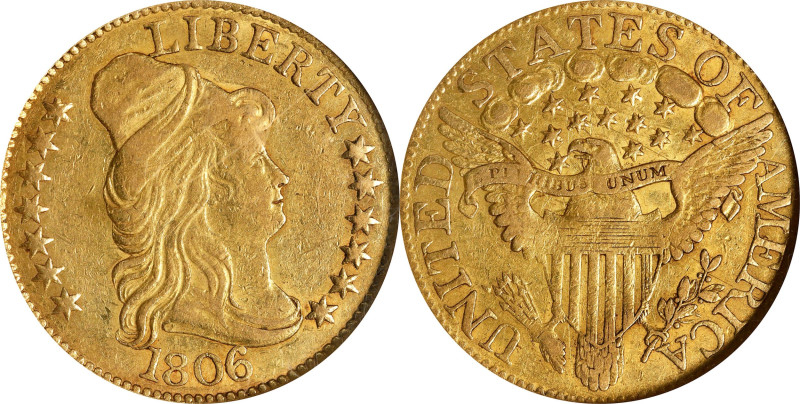 1806 Capped Bust Right Half Eagle. BD-6. Rarity-2. Round-Top 6, Stars 7x6. AU-53...