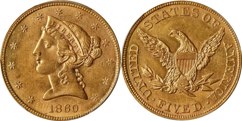 1860 Liberty Head Half Eagle. Unc Details--Cleaned (PCGS).
The 1860 is the last...