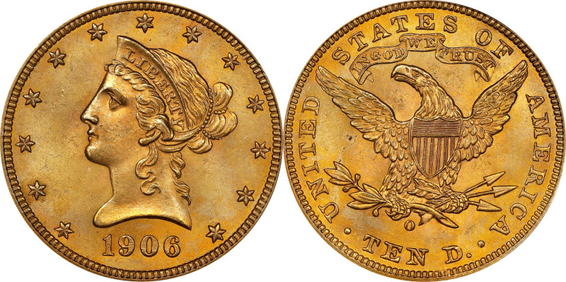 1906-O Liberty Head Eagle. Winter-1, the only known dies. MS-64 (PCGS).
Luxurio...