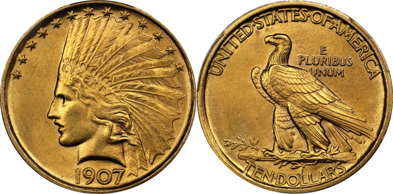 1907 Indian Eagle. No Periods. MS-64 (PCGS).
Rarely do examples of this popular...