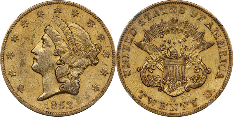 1852-O Liberty Head Double Eagle. Winter-1, the only known dies. AU-53 (NGC).
H...