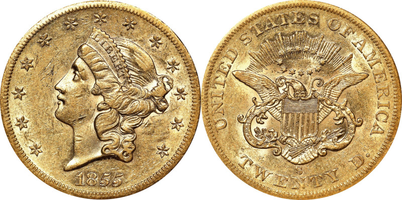 1855-S Liberty Head Double Eagle. Small S. AU-50 (NGC).
Warm golden surfaces bl...