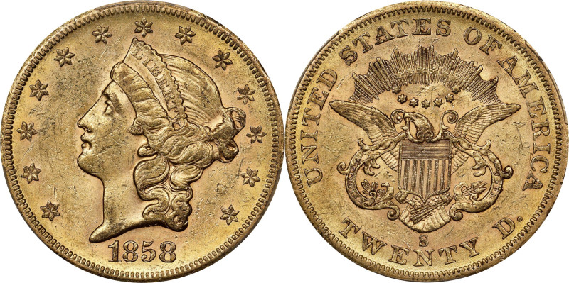 1858-S Liberty Head Double Eagle. MS-60 (PCGS).
Bright honey-gold with no break...