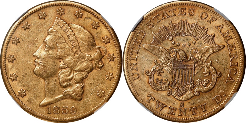 1859-S Liberty Head Double Eagle. AU-53 (NGC).
This vivid golden-honey survivor...