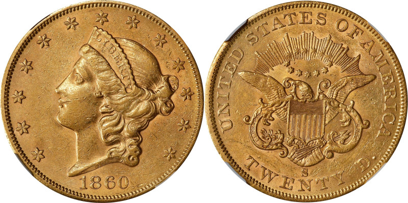 1860-S Liberty Head Double Eagle. AU-58 (NGC).
Richly colored surfaces are unde...