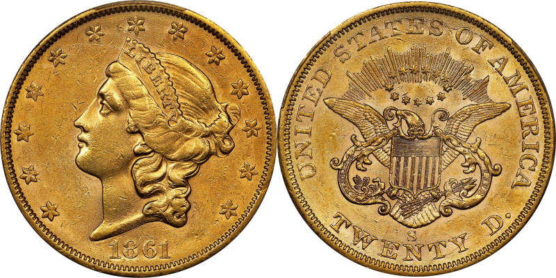 1861-S Liberty Head Double Eagle. AU-58 (PCGS).
A partially lustrous honey-gold...