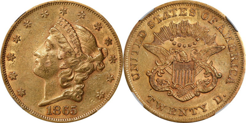 1865 Liberty Head Double Eagle. AU-53 (NGC).
Traces of deep reddish-gold color ...