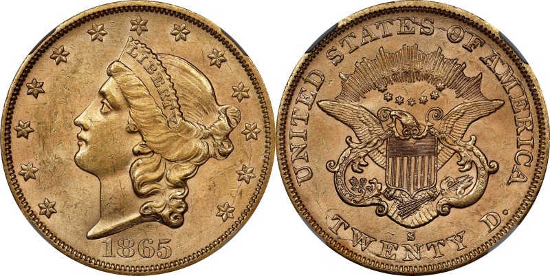 1865-S Liberty Head Double Eagle. MS-61 (NGC).
Light golden-rose patina mingles...