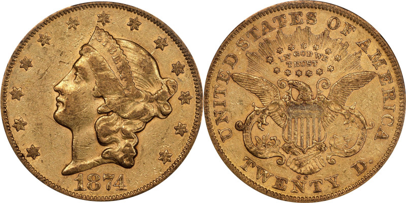 1874-CC Liberty Head Double Eagle. EF-40 (PCGS).
Medium yellow gold with traces...