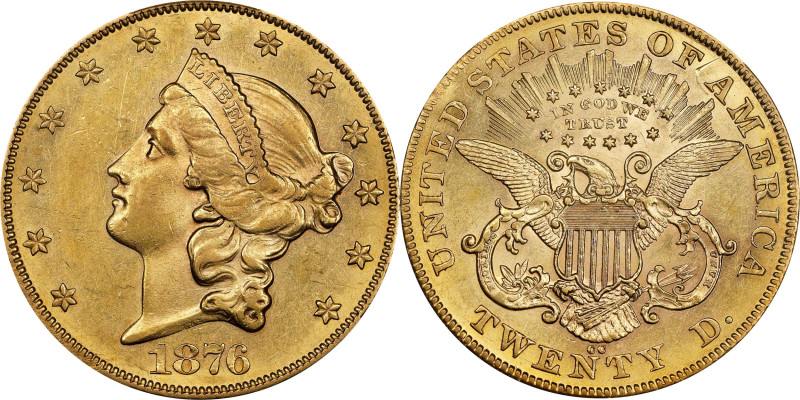 1876-CC Liberty Head Double Eagle. AU Details--Rim Damage (PCGS).
Typical wear ...