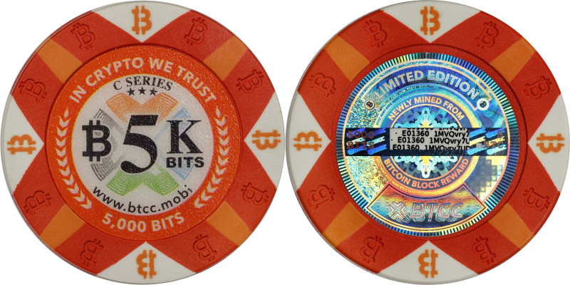 2016 BTCC 5K Bits "Poker Chip" 0.005 Bitcoin. Loaded. Firstbits 1MVQvry7UD. Seri...