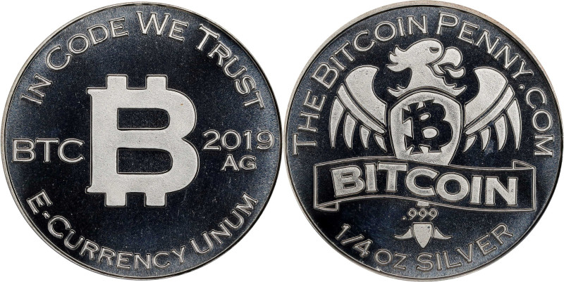 2019 Bitcoin Penny Co. Bitcoin-Themed Silver Token. Eagle Right. AG Mintmark. 1/...