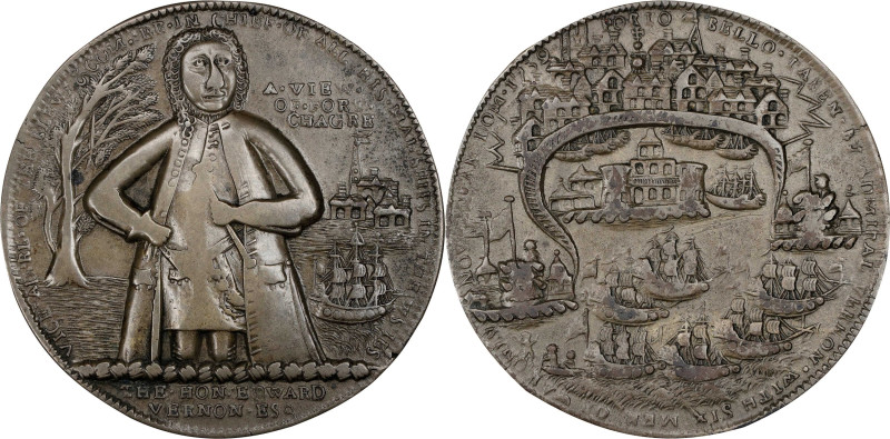 1739 Admiral Vernon Medal. Adams-Chao FCv 3-B. Rarity-5. German Silver, 39.7 mm....