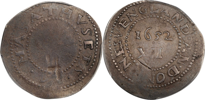 1652 Oak Tree Shilling. Noe-10, Salmon 8-F, W-510. Rarity-6. IN at Bottom, Ghost...